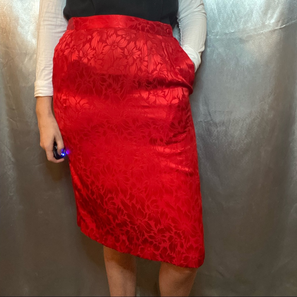 EUC Bright Red Silk Floral Printed Skirt